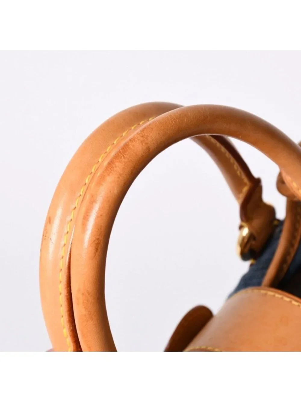 Louis Vuitton Pleaty Handbag Monogram Denim Leather Blue Gold